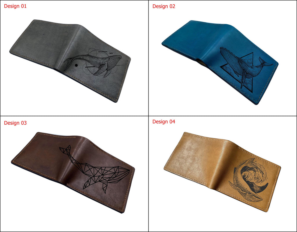 Personalized Leather Wallet, Polygon Whale Art, Handmade