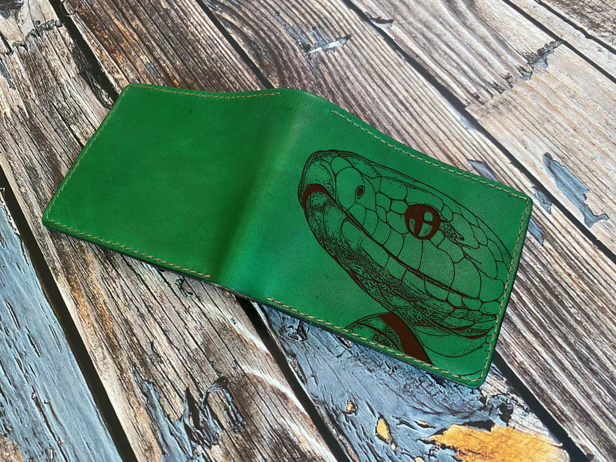 Snake Drawing Leather Bifold Wallet: Custom Engraved Reptile Gift