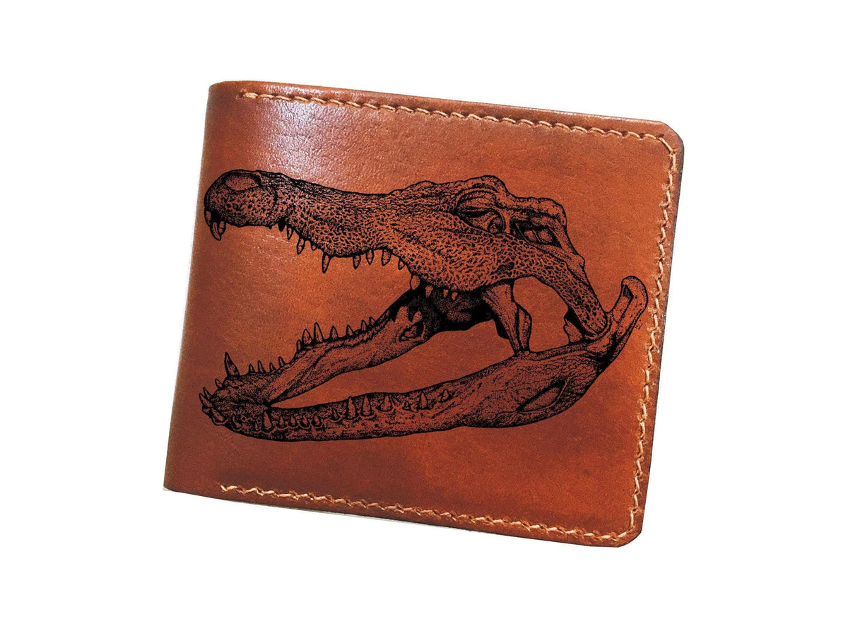 Customizable Leather Bi-Fold Wallet, Crocodile Skull Skeleton Engraved