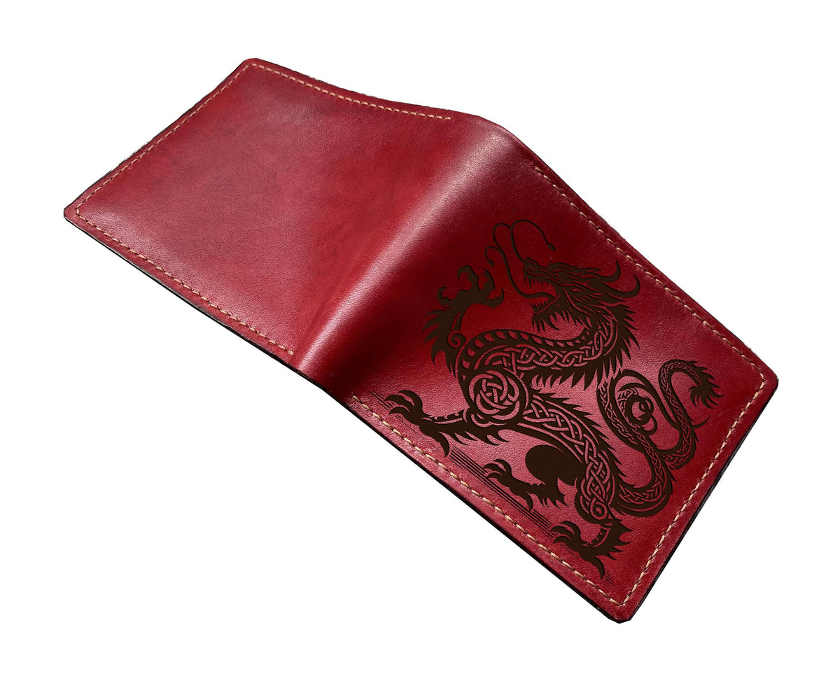 Engraved Dragon Leather Bifold Wallet with ID Card - Celtic Style