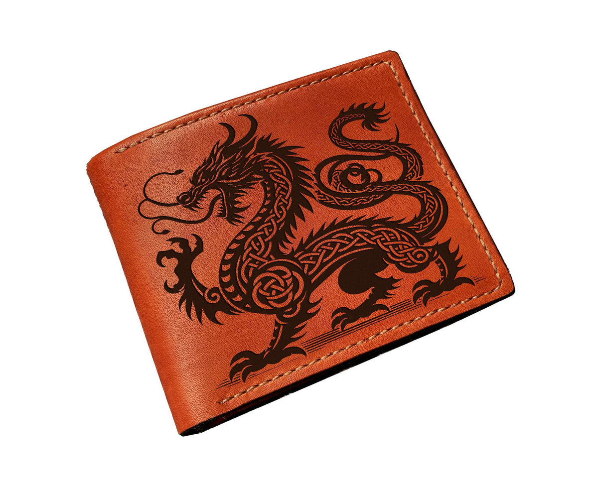 Engraved Dragon Leather Bifold Wallet with ID Card - Celtic Style