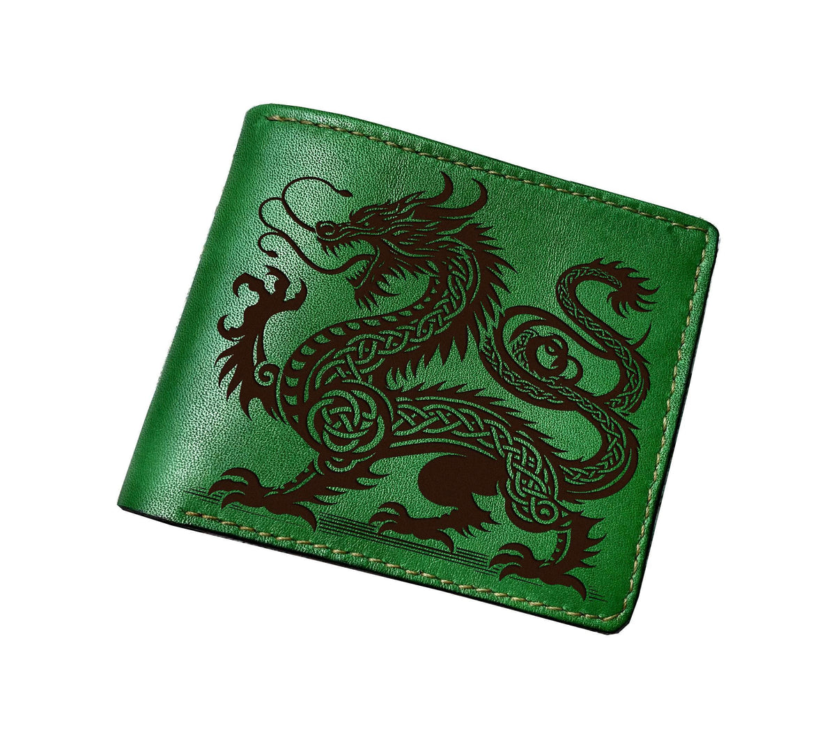 Engraved Dragon Leather Bifold Wallet with ID Card - Celtic Style