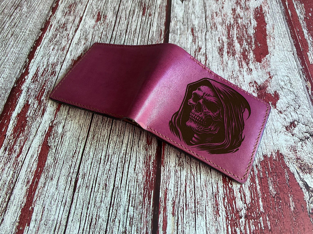 Grim Reaper Engraved Leather Wallet: Skull Horror Gift