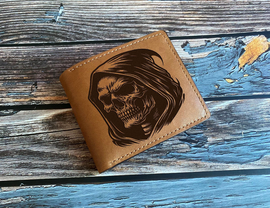 Grim Reaper Engraved Leather Wallet: Skull Horror Gift