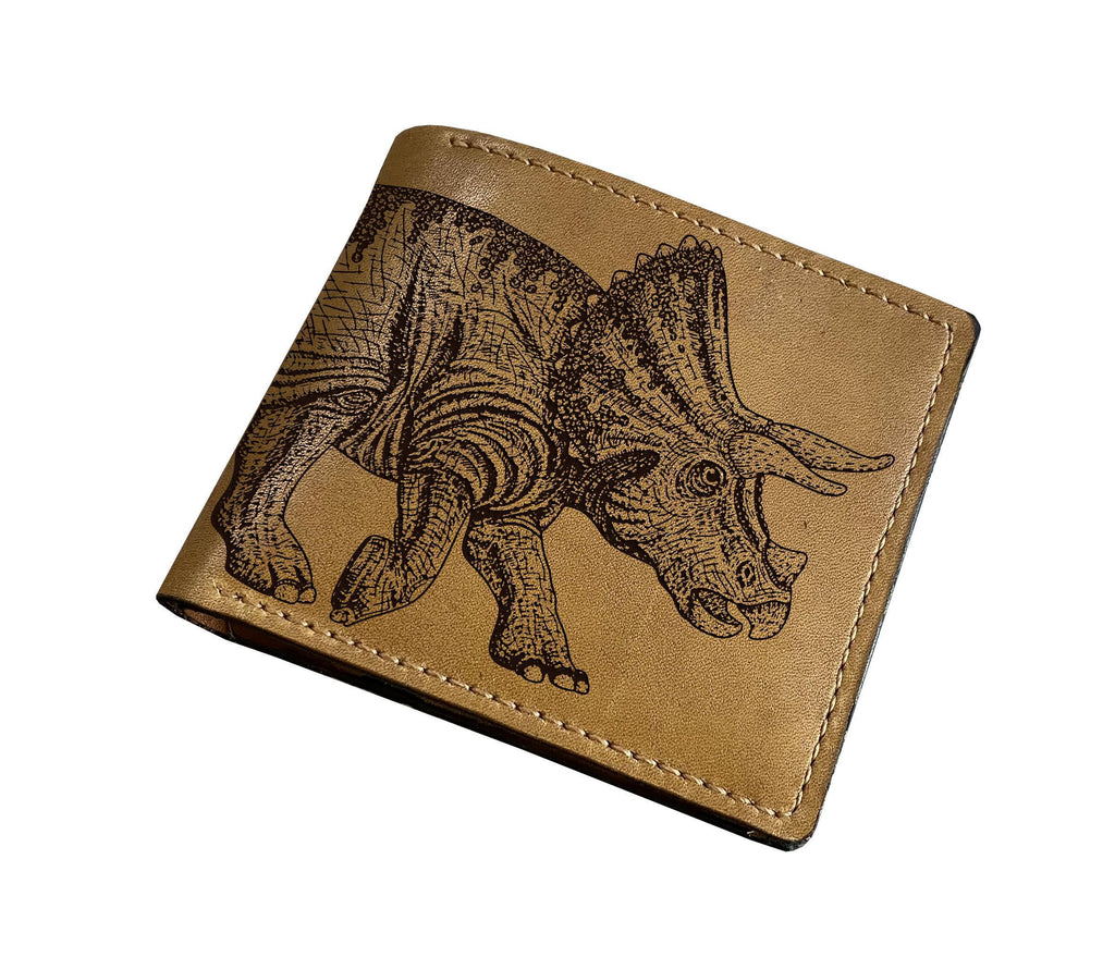 Custom Engraved Leather Wallet, Triceratops Dinosaur Art, Handmade Wallet for Him