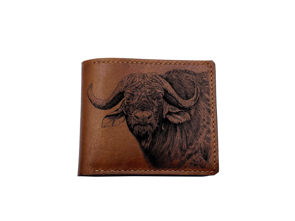 Animal Pattern Leather Wallet, Wild Buffalo Art, Handmade