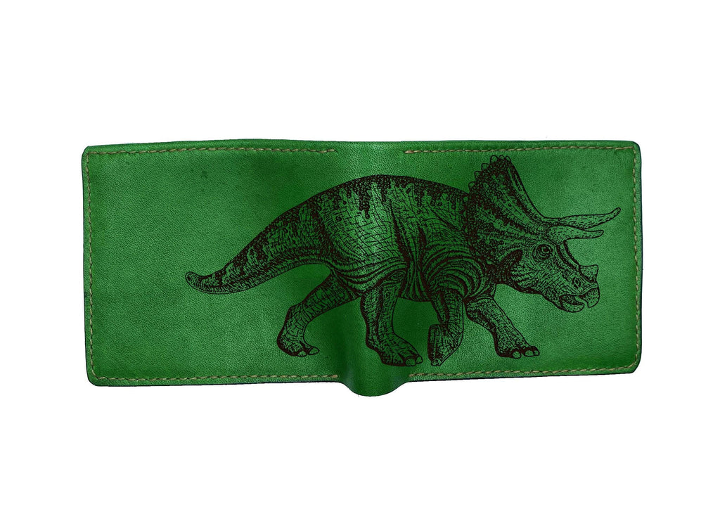 Custom Engraved Leather Wallet, Triceratops Dinosaur Art, Handmade Wallet for Him