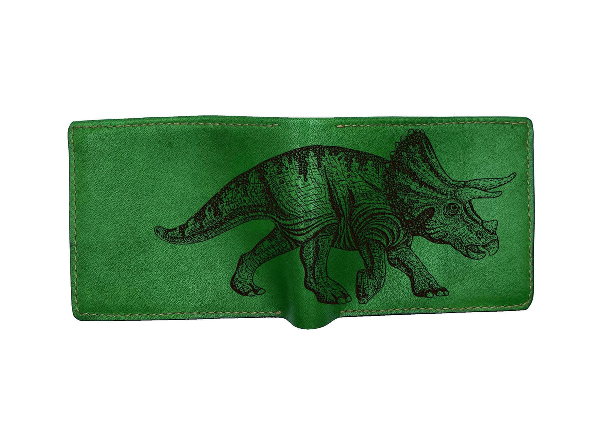 Custom Engraved Leather Wallet, Triceratops Dinosaur Art, Handmade Wallet for Him