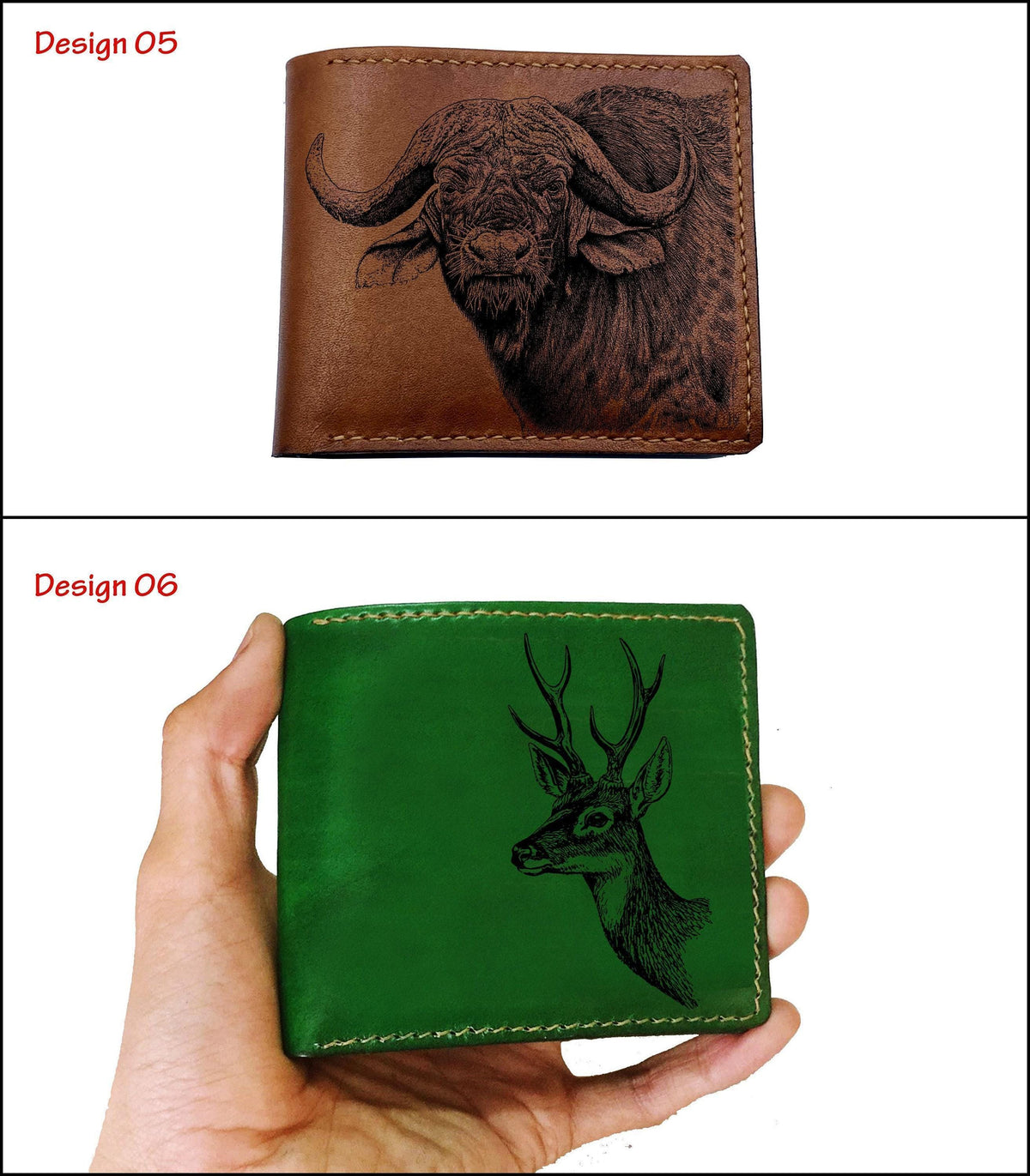 Animal Pattern Leather Wallet, Wild Buffalo Art, Handmade