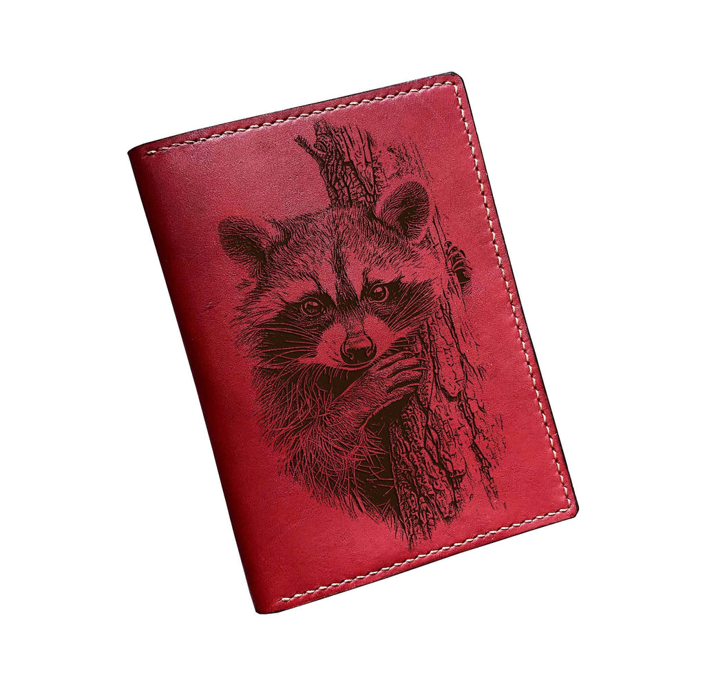 Handmade genuine leather wallet, Racoon drawing wallet, custom animal pattern gift