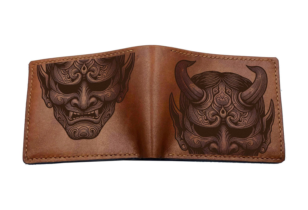 Hannya Mask Leather Wallet: Japanese Evil Style, Custom Engraved