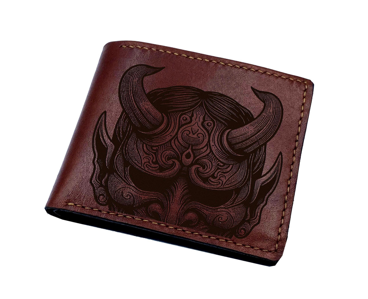 Hannya Mask Leather Wallet: Japanese Evil Style, Custom Engraved
