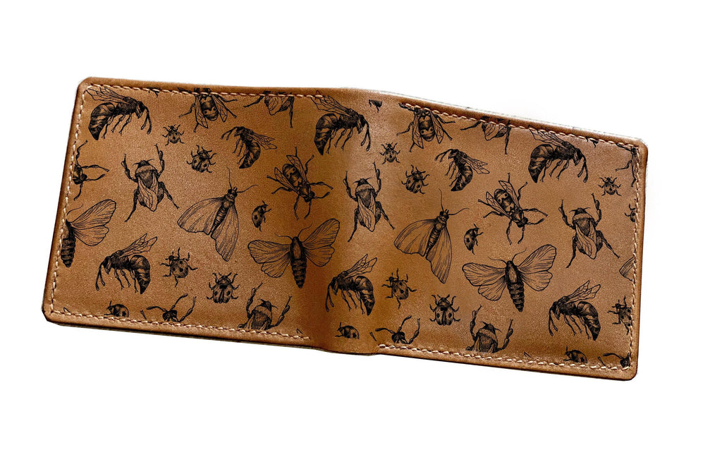 Butterfly Moth Drawing Leather Wallet: Insect pattern wallet, Customized Gift