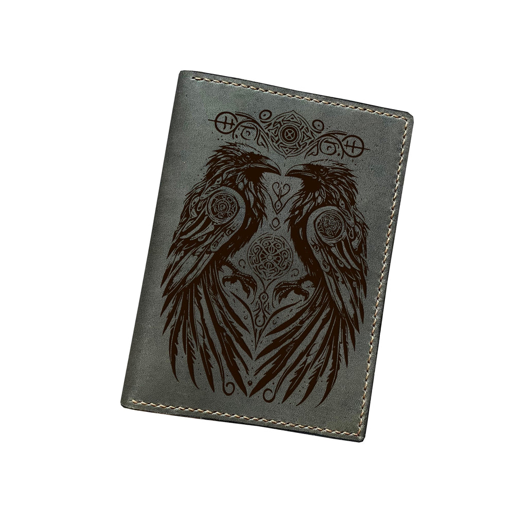 Handmade genuine leather wallet, raven celtic custom engrave wallet, Viking style present