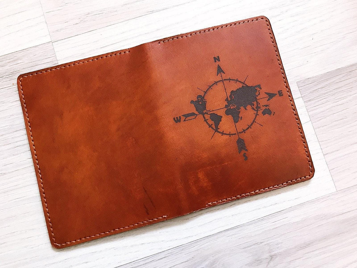 Personalized Leather Passport Holder: World Map Compass Travel Wallet