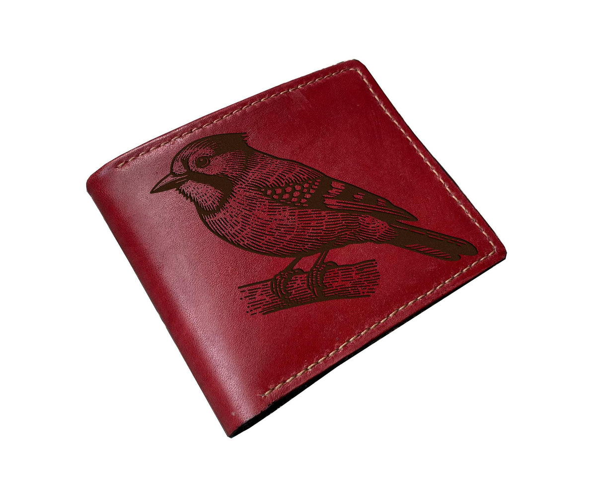 Handmade Leather Bifold Wallet: Engraved Jay Bird Design