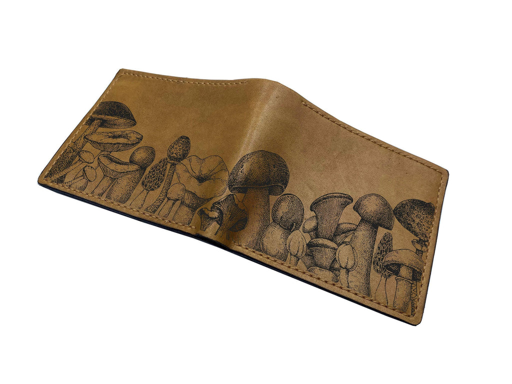 Mushroom Pattern Leather Wallet: Engraved Biologist Gift