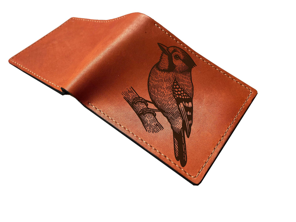 Handmade Leather Bifold Wallet: Engraved Jay Bird Design