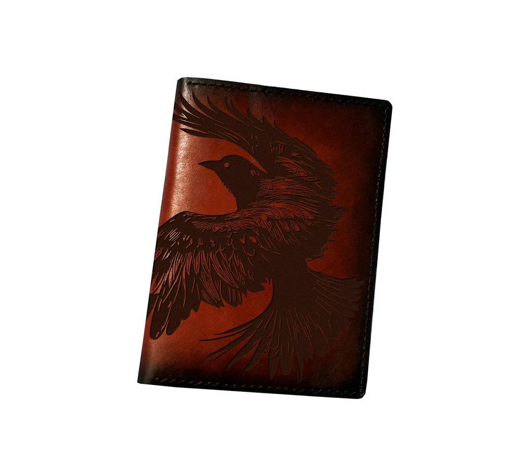 Handmade Leather Bifold Wallet: Raven Bird Engraved Passport Case