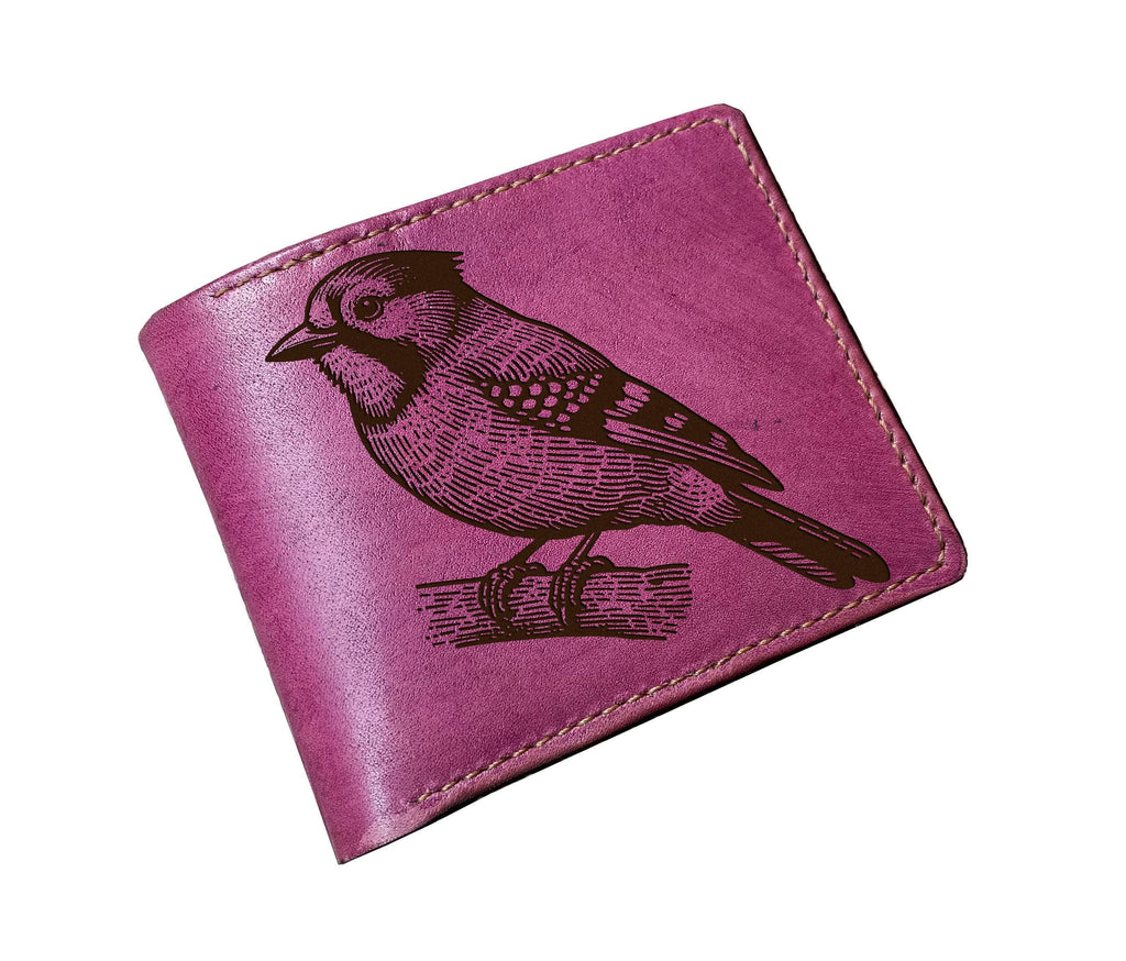 Handmade Leather Bifold Wallet: Engraved Jay Bird Design