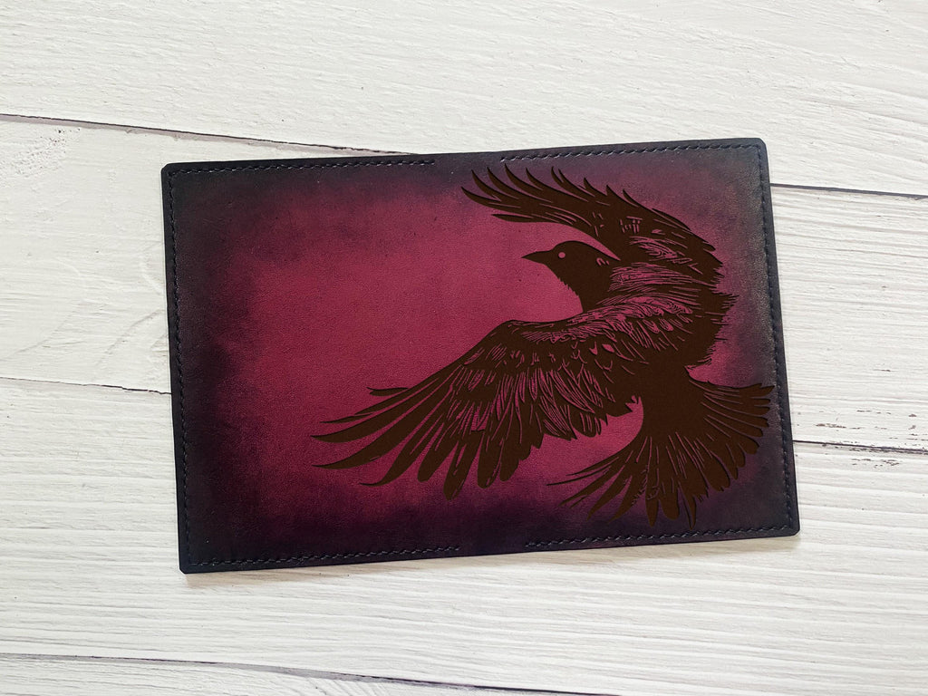 Handmade Leather Bifold Wallet: Raven Bird Engraved Passport Case