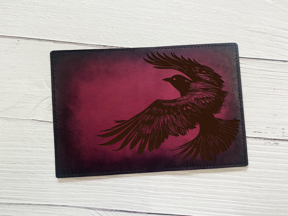 Handmade Leather Bifold Wallet: Raven Bird Engraved Passport Case
