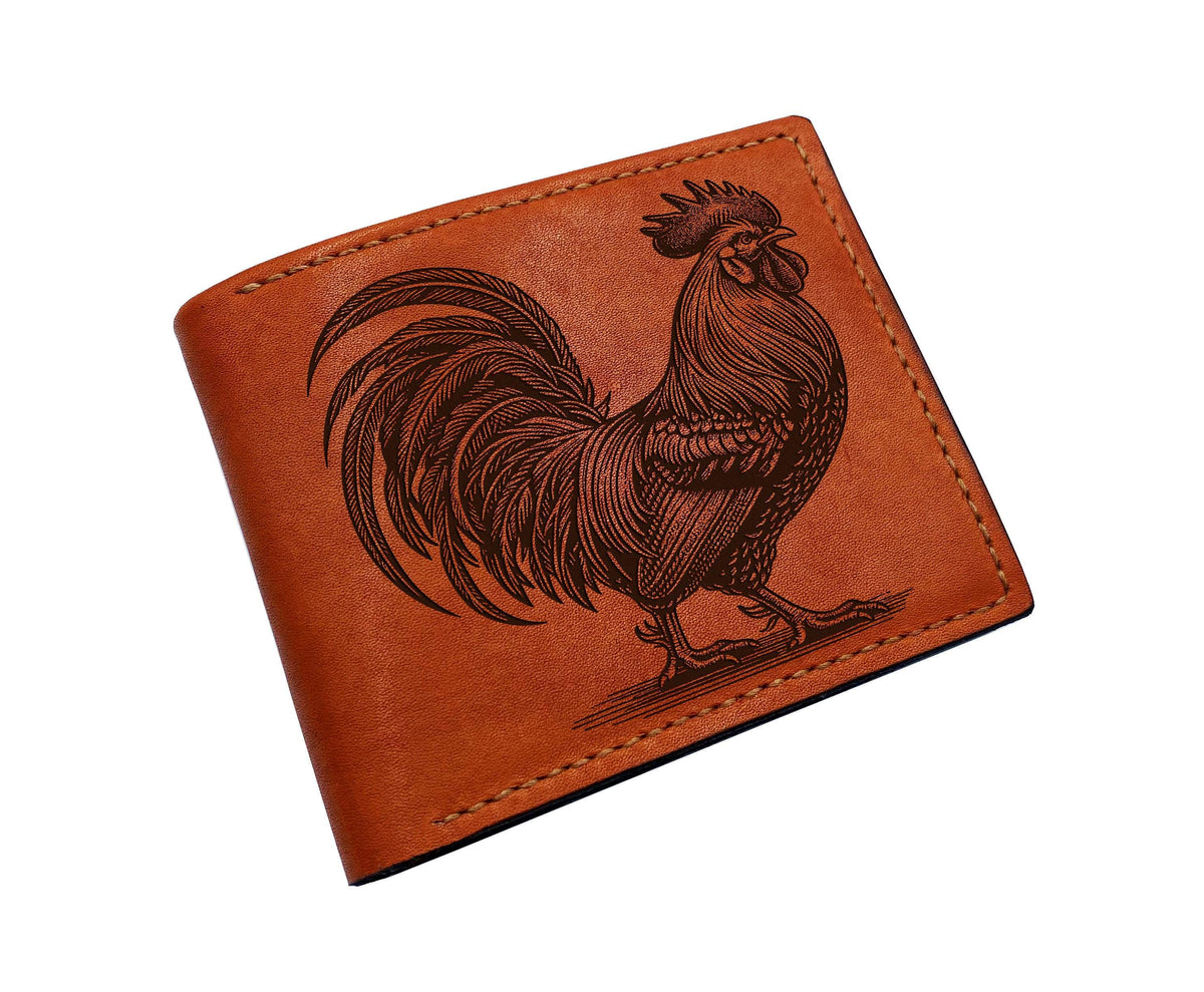 Handcrafted Leather Rooster Wallet: Engraved Farm Animal Gift