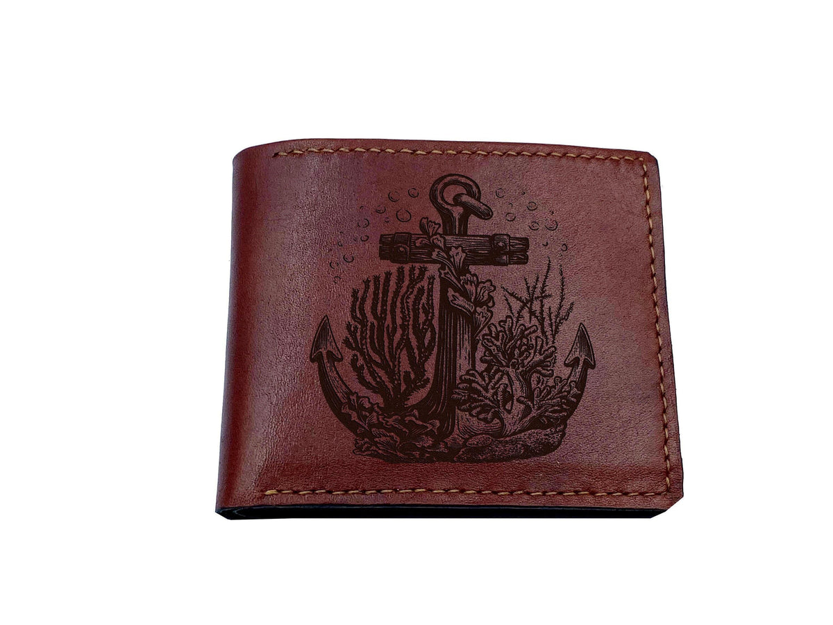 Engraved Anchor Leather Wallet: Personalized Seafarer Gift