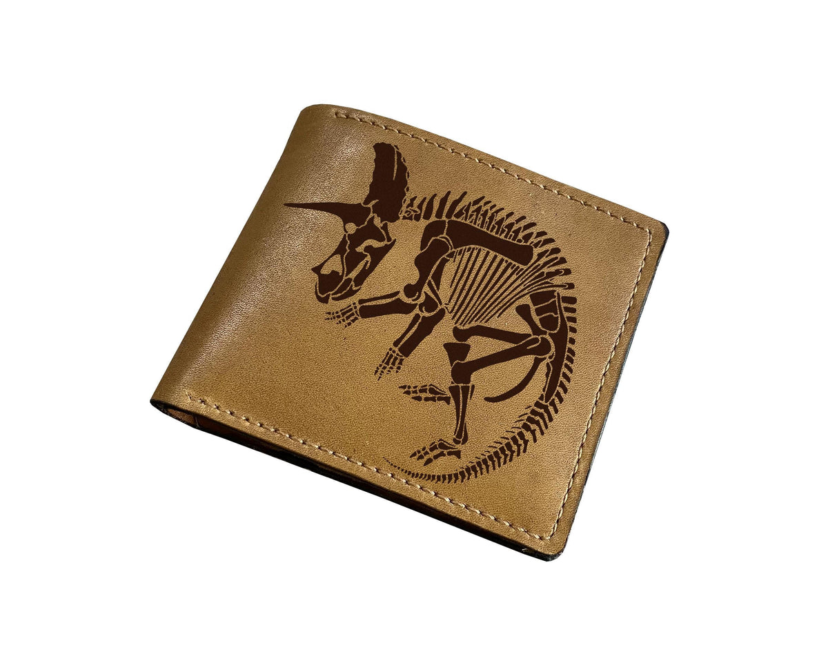 Triceratops genuine leather wallet, Dinosaur skeleton present for men, personalized gift custom engrave