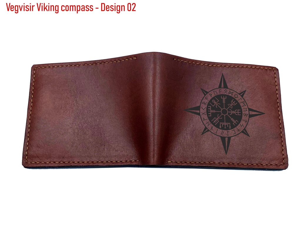 Personalized Leather Wallet: Vegvisir Viking Compass, Norse Runes