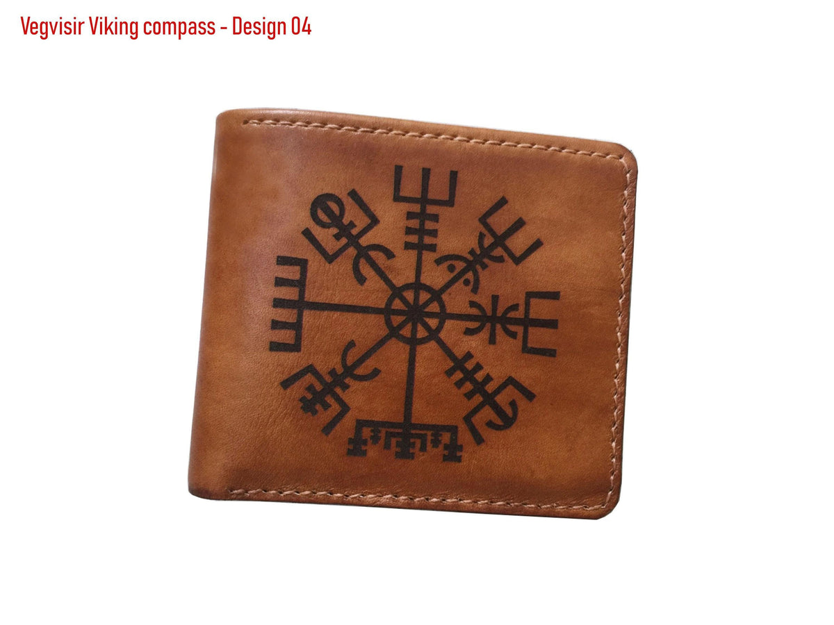 Personalized Leather Wallet: Vegvisir Viking Compass, Norse Runes