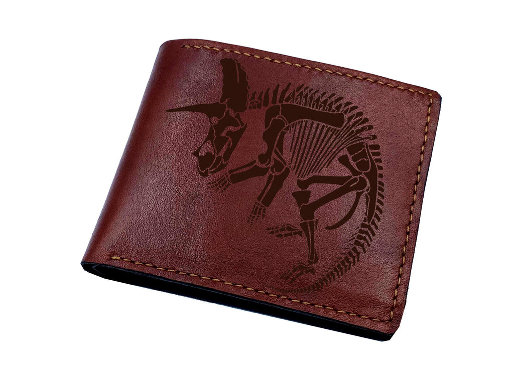 Triceratops genuine leather wallet, Dinosaur skeleton present for men, personalized gift custom engrave