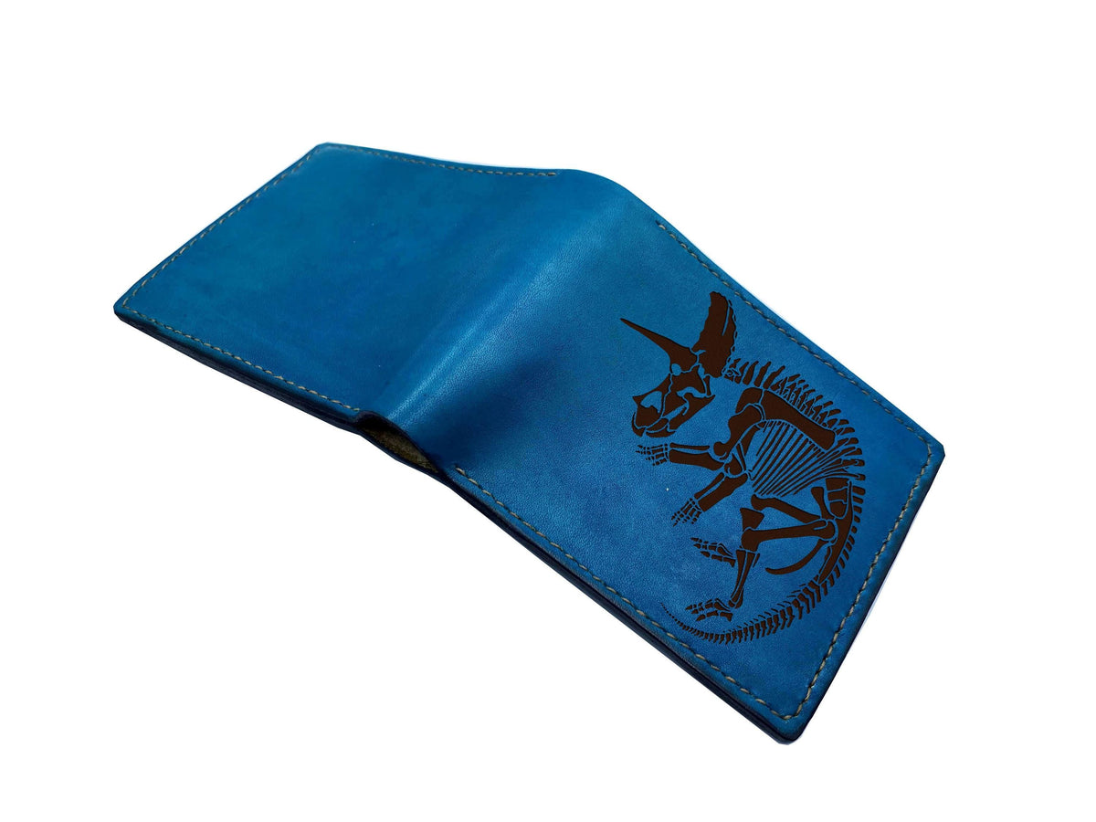 Triceratops genuine leather wallet, Dinosaur skeleton present for men, personalized gift custom engrave