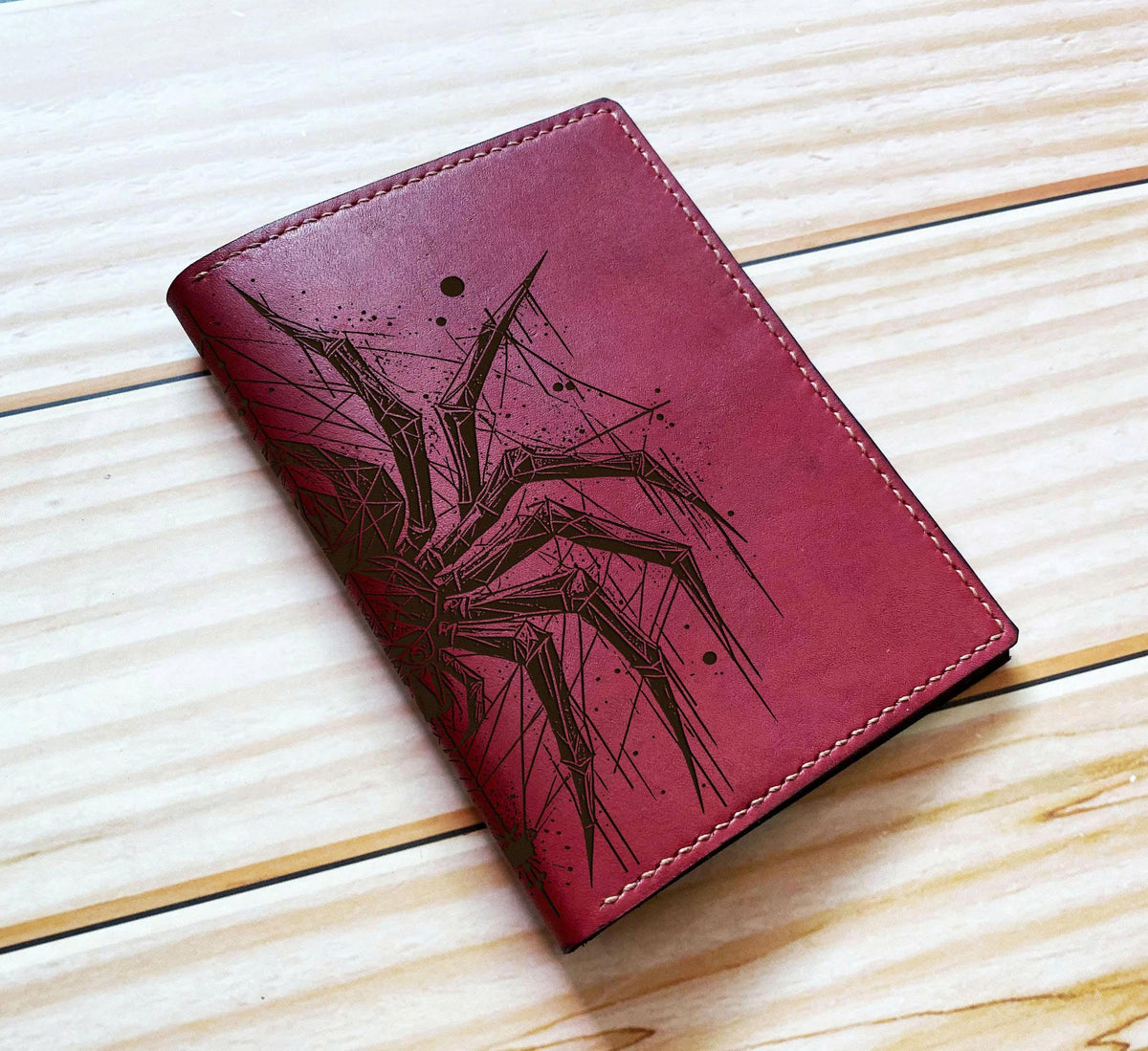 Geometric Spider Engraved Leather Passport Wallet - Personalized