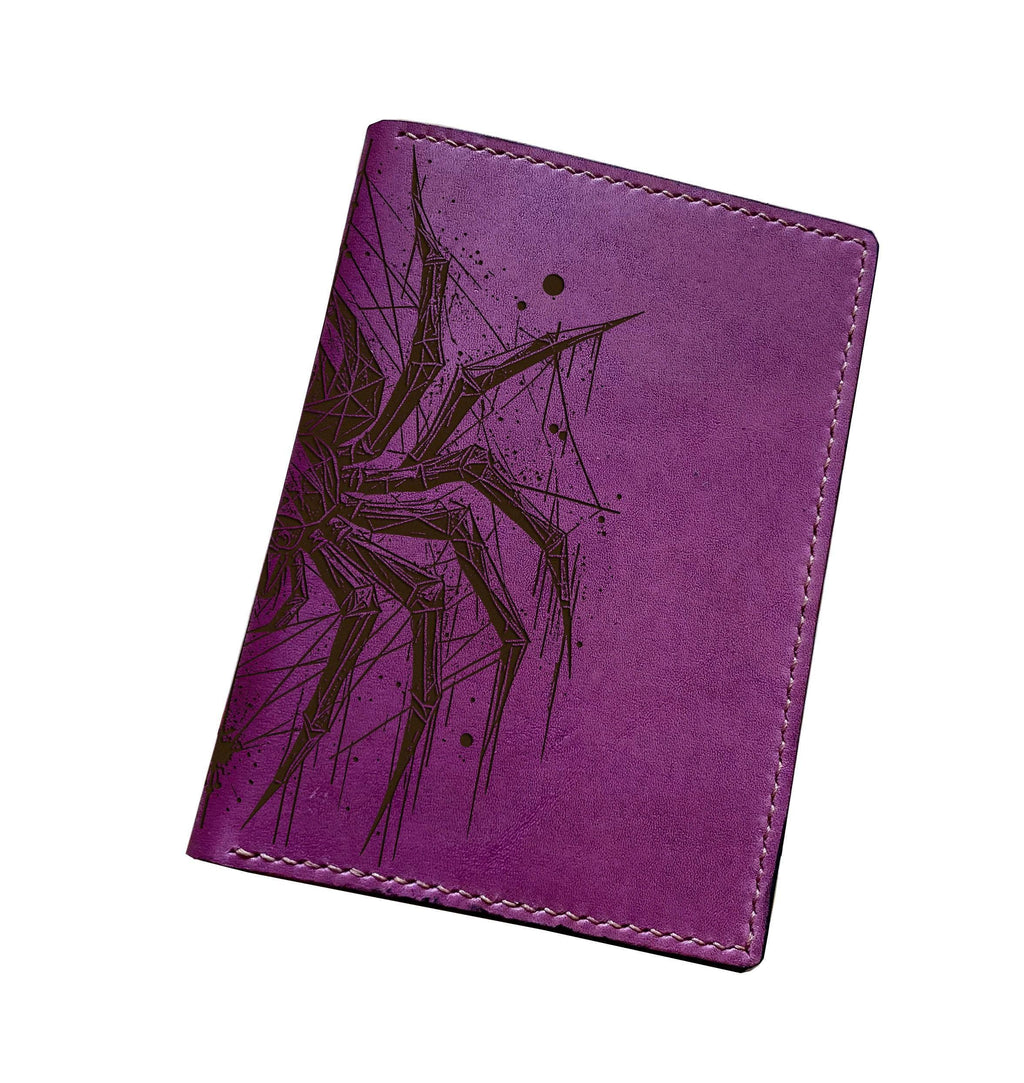 Geometric Spider Engraved Leather Passport Wallet - Personalized