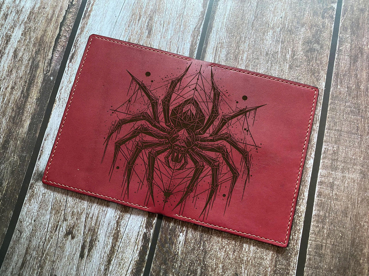 Geometric Spider Engraved Leather Passport Wallet - Personalized