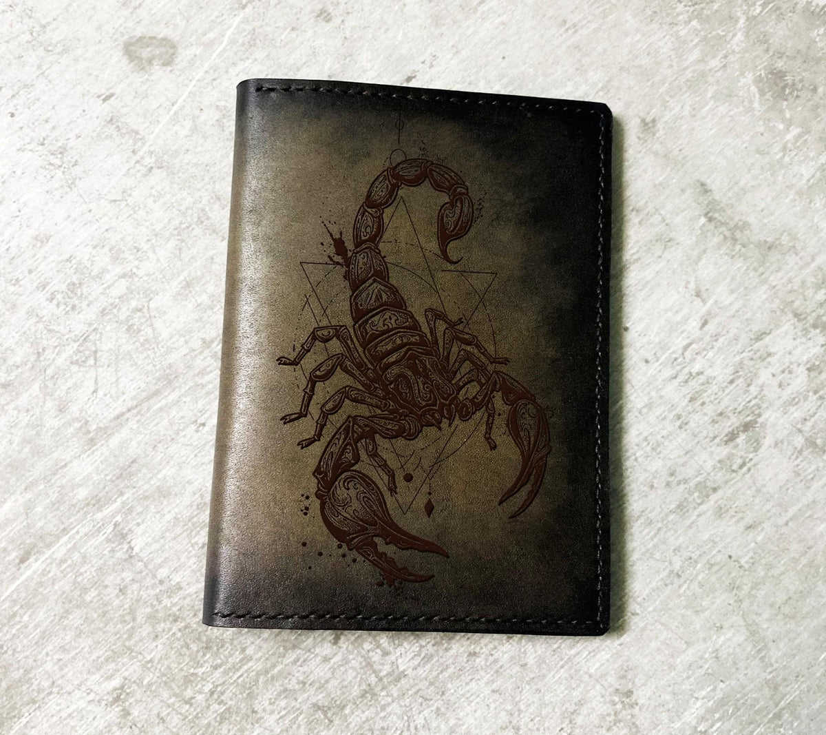 Handmade Leather Scorpion Wallet: Geometric Engraved Travel Passport Wallet