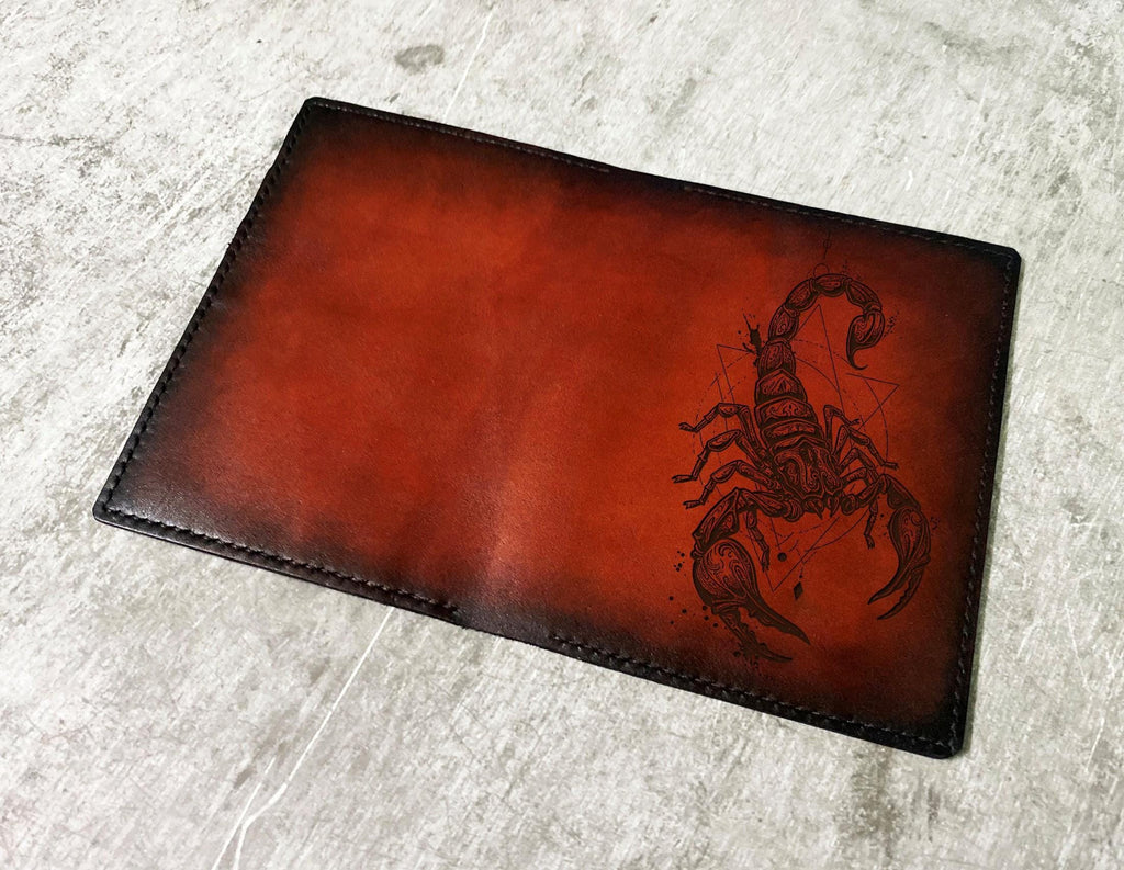 Handmade Leather Scorpion Wallet: Geometric Engraved Travel Passport Wallet
