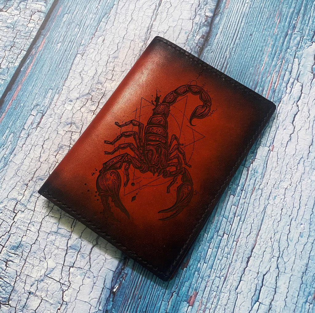 Handmade Leather Scorpion Wallet: Geometric Engraved Travel Passport Wallet
