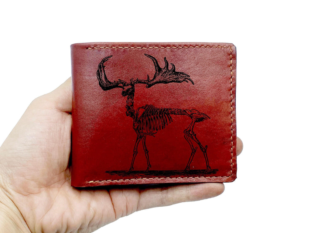 Custom Leather Bifold Wallet: Reindeer Skeleton Engraved