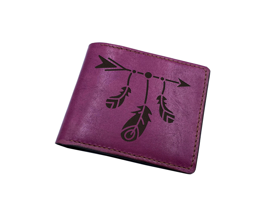 Feather Engraved Leather Wallet, Personalized Gift