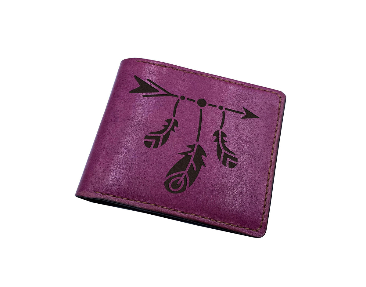 Feather Engraved Leather Wallet, Personalized Gift