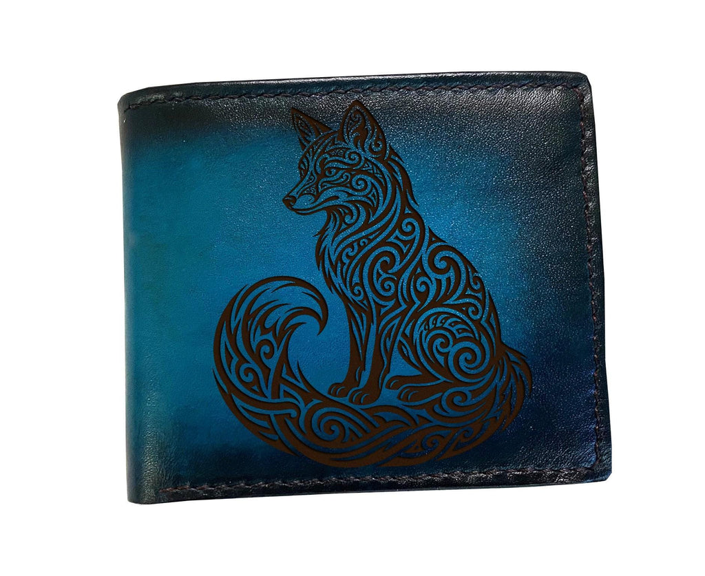 Fox floral full grain leather wallet, tattoo tribal style wallet, personalized gift for men