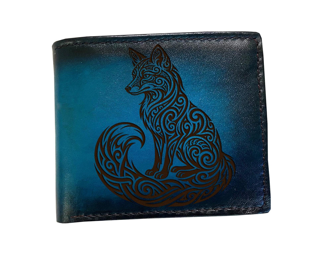 Fox floral full grain leather wallet, tattoo tribal style wallet, personalized gift for men