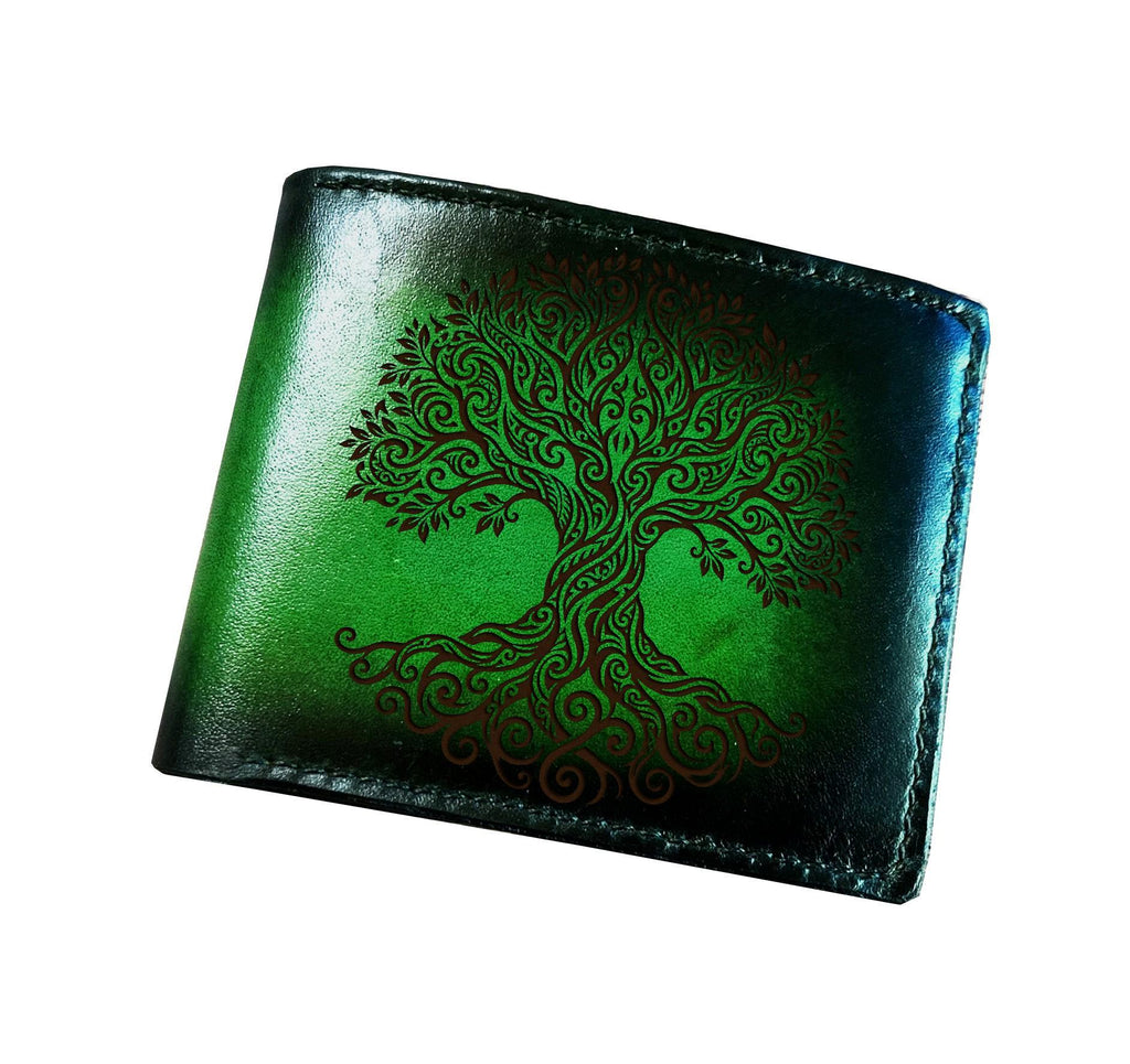 Tree of life genuine leather wallet, Yggdrasil viking tribal wallet, personalized gift name engraving