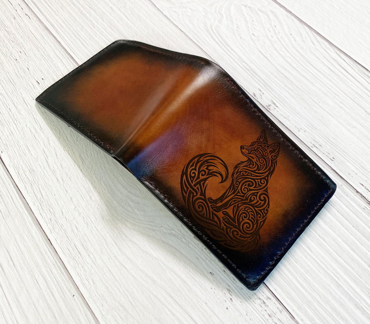 Fox floral full grain leather wallet, tattoo tribal style wallet, personalized gift for men