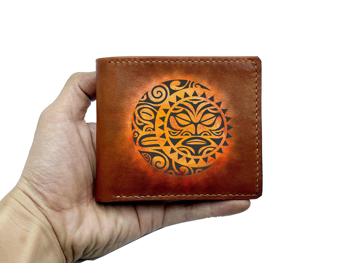 Custom Engraved Leather Men's Wallet, Polynesian Mask
