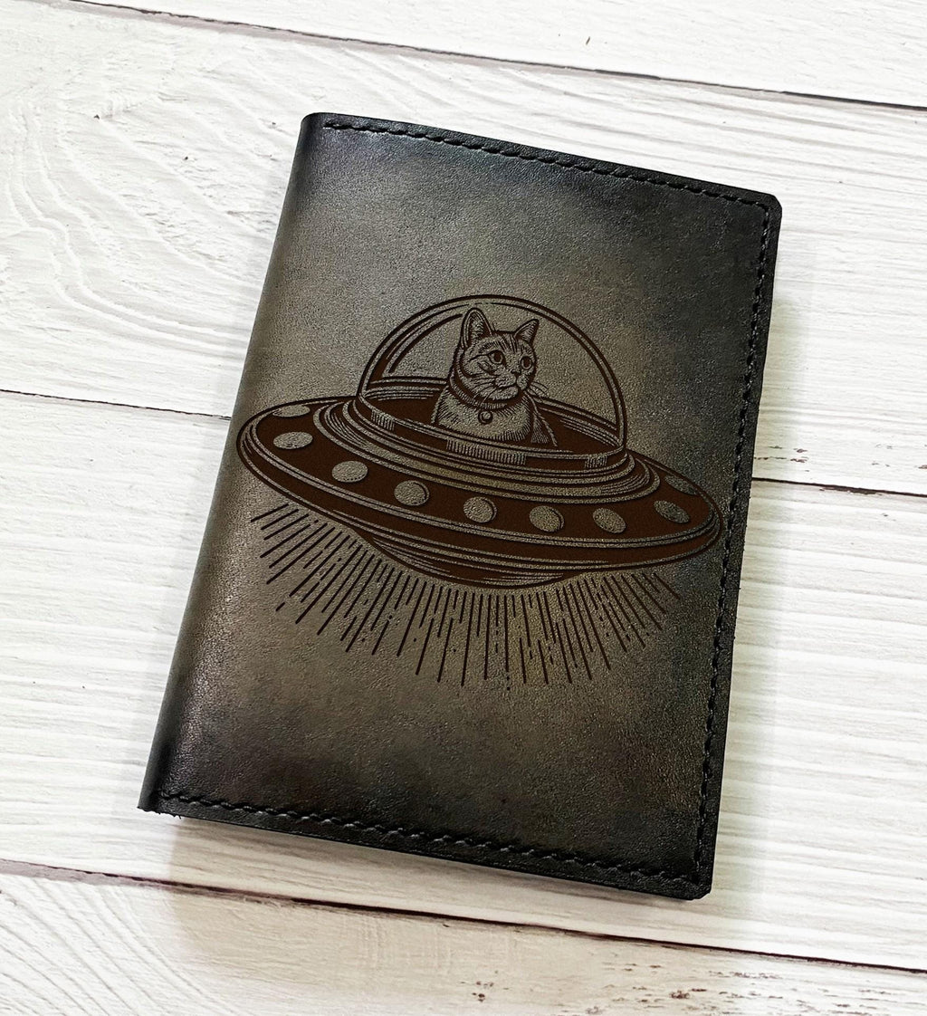 Handmade Leather Cat UFO Wallet, Custom Engraved Anniversary Gift