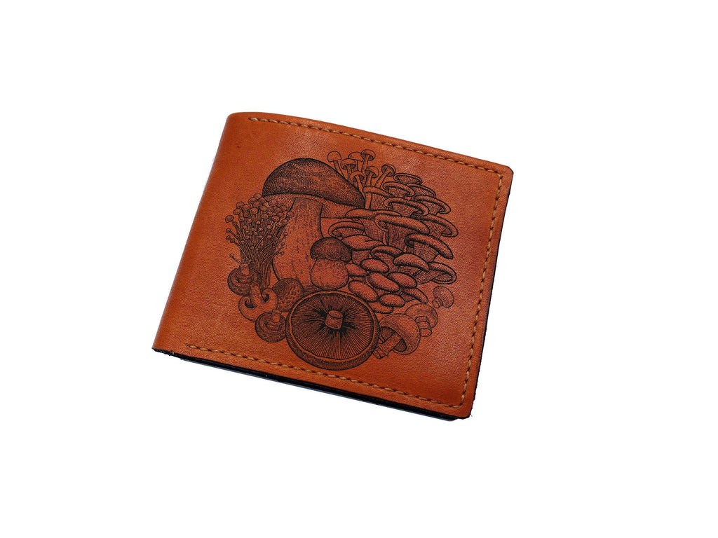 Personalized Leather Wallet, Mushroom Engraving, Vegetable-Tanned Cowhide, Men's Gift