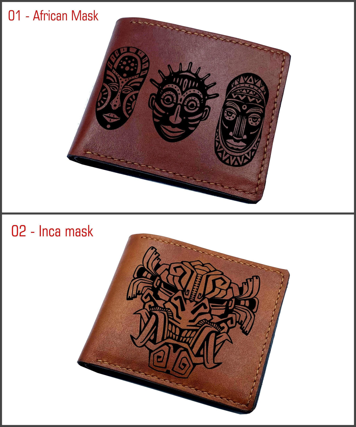 Engraved Leather Wallet, Traditional African Masks, Personalized Gift
